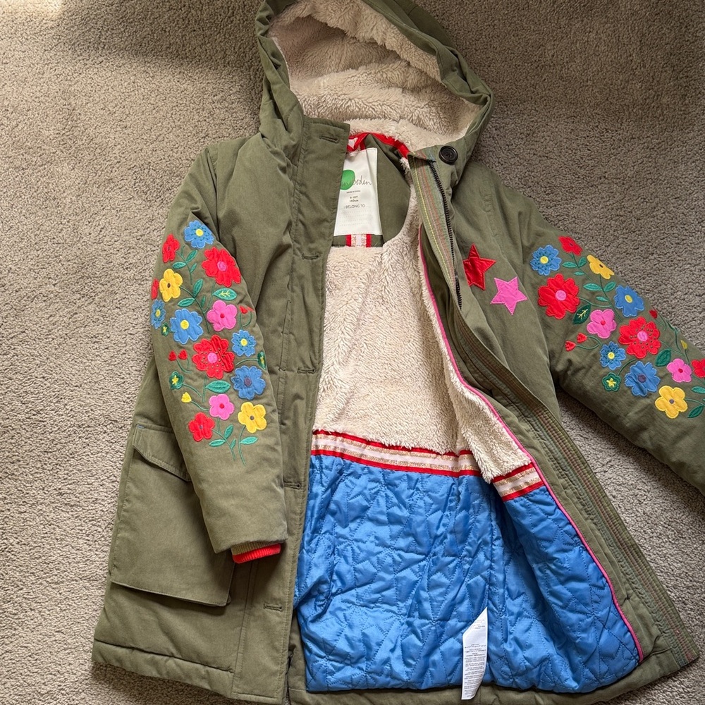 Mini Boden Olive Green Hooded Puffer Coat with Bright Floral Embroidery